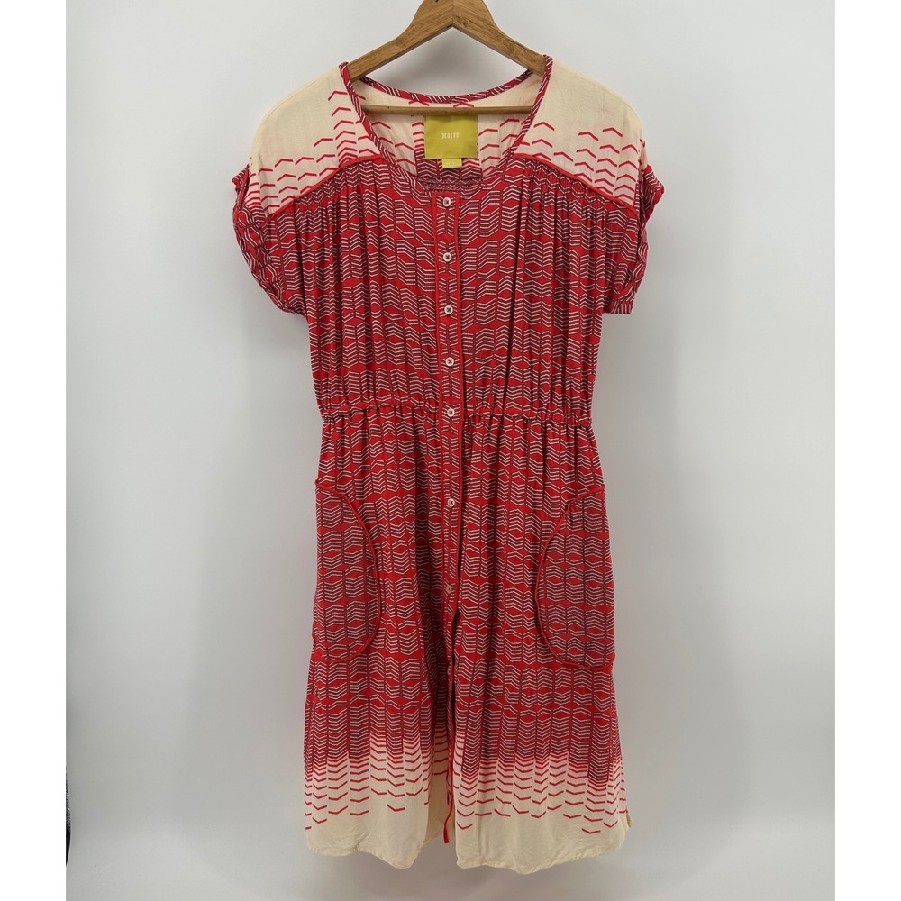 Maeve Short Sleeve Dress Women XS Red Cream Geometric Chevron Button Front Boho
